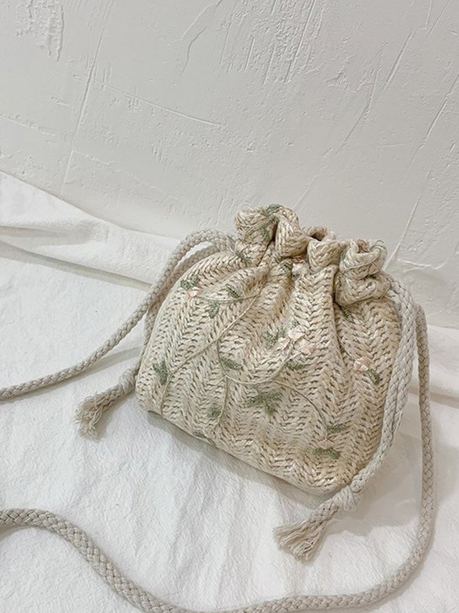 Floral Embroidery Woven Bucket Bag