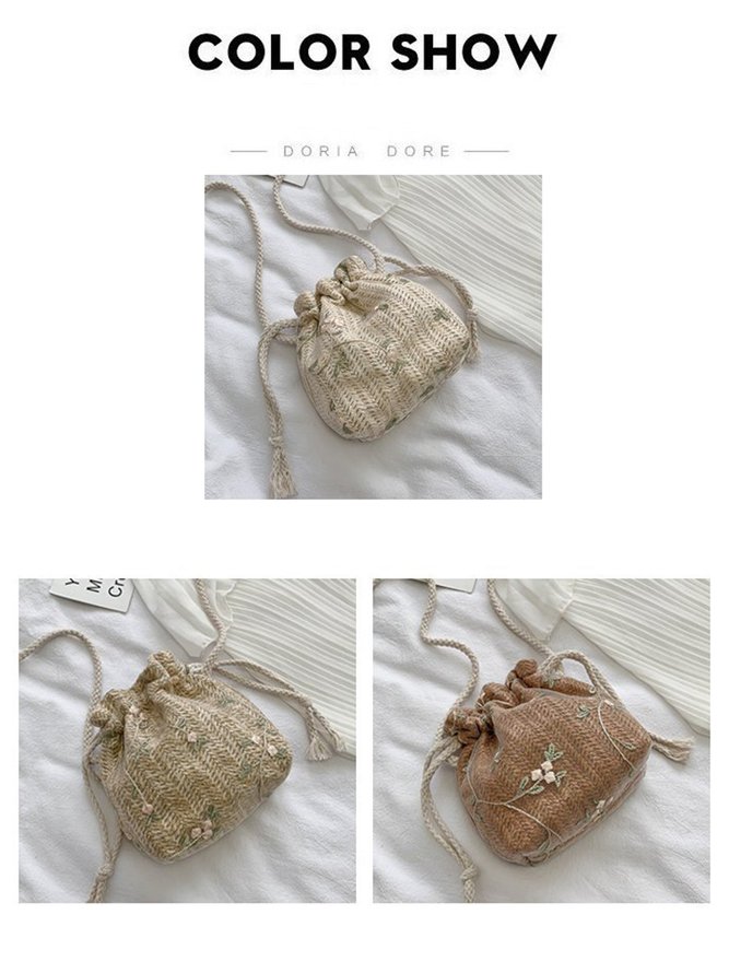 Floral Embroidery Woven Bucket Bag