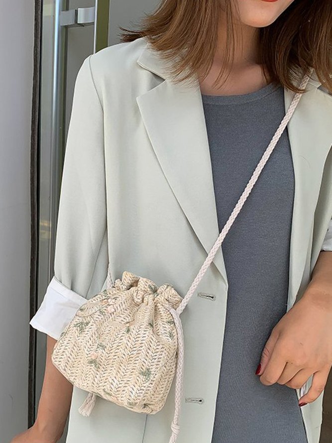 Floral Embroidery Woven Bucket Bag