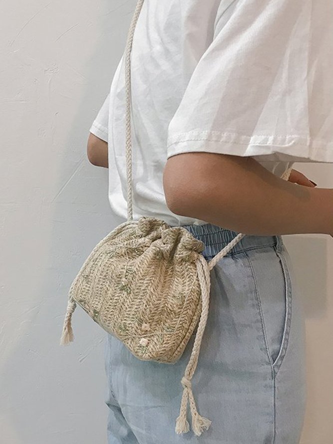 Floral Embroidery Woven Bucket Bag
