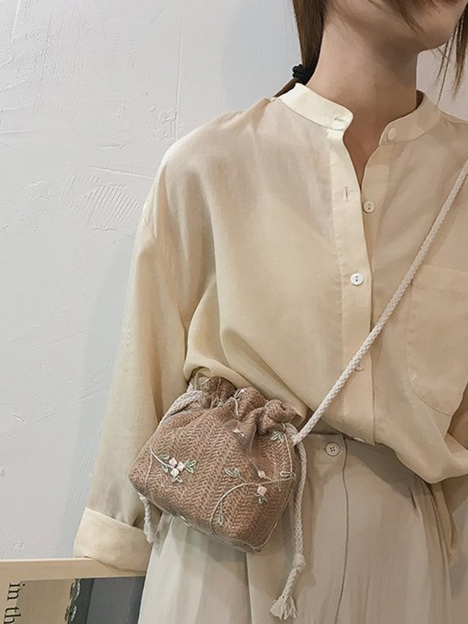 Floral Embroidery Woven Bucket Bag