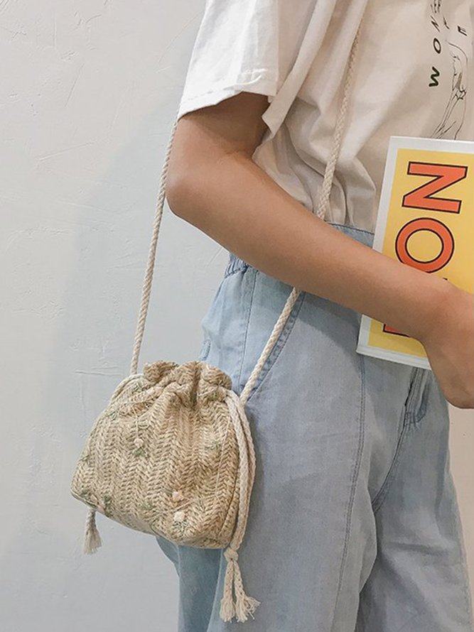 Floral Embroidery Woven Bucket Bag