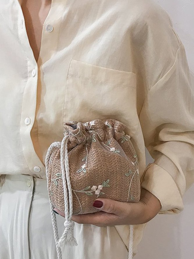 Floral Embroidery Woven Bucket Bag