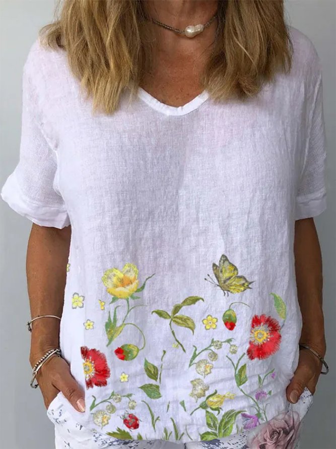 V Neck Cotton Casual Floral Shirt