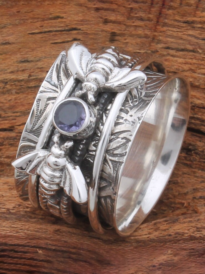Ethnic Wind Natural Crystal Bee Pattern Ring Retro Old Jewelry