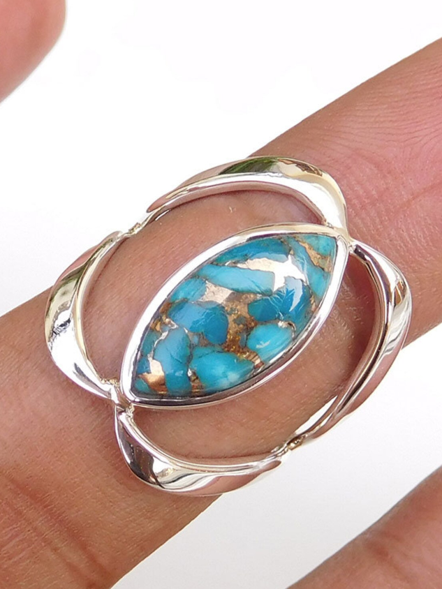 Ethnic Style Natural Turquoise Geometric Ring Vintage Jewelry