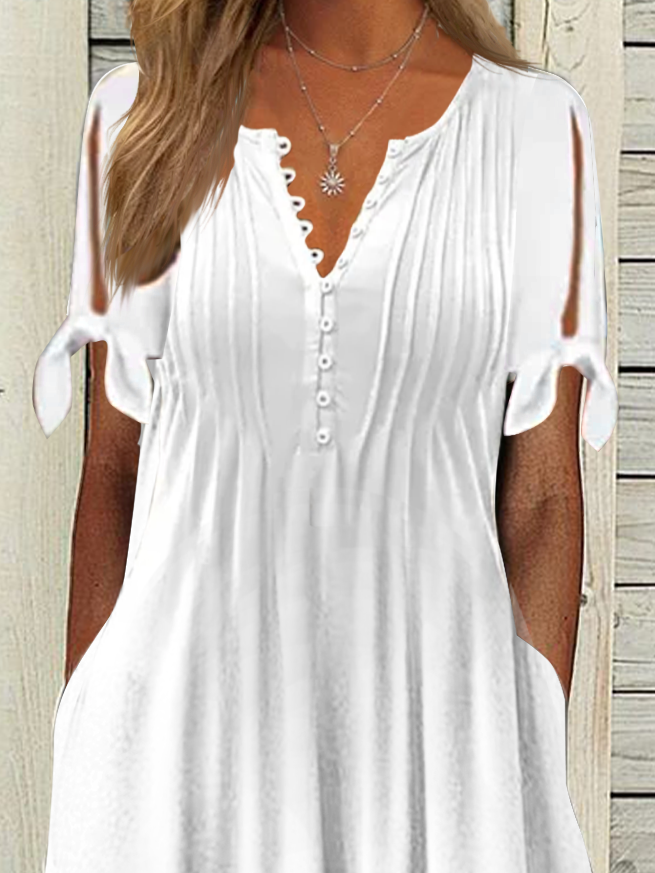 Women Basic V Neck Ruched Buttoned Flowy Short Sleeve Casual Pockets Summer Dress