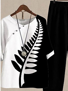 Casual Buttons Leaf Print Colorblock Crew Neck Short Sleeve Shirt and Plain Pants Summer Outfits Two-Piece Sets