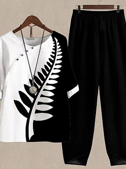 Casual Buttons Leaf Print Colorblock Crew Neck Short Sleeve Shirt and Plain Pants Summer Outfits Two-Piece Sets