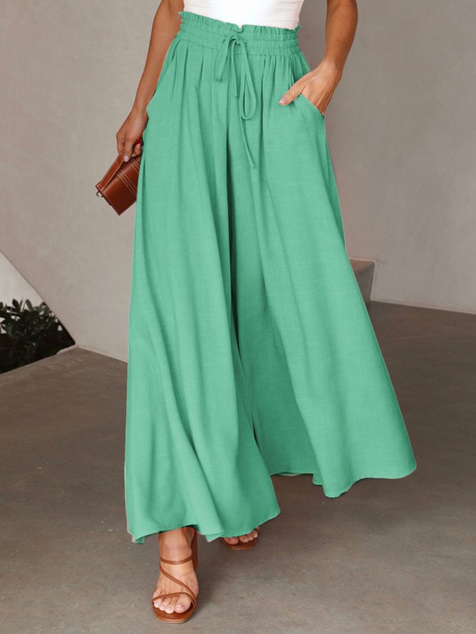 Women Wide Leg Pants Summer Boho Elastic Waist Drawstring Pockets Flowy Beach Trousers