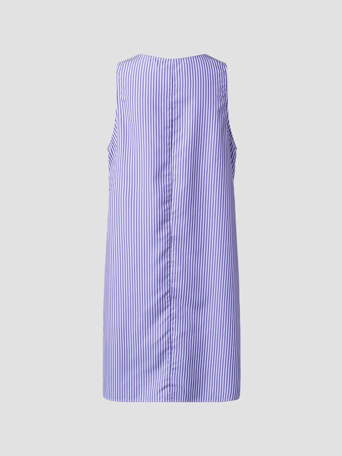 Women Plus Size Crew Neck Shift Boho Pockets Striped Sleeveless Tank Dress