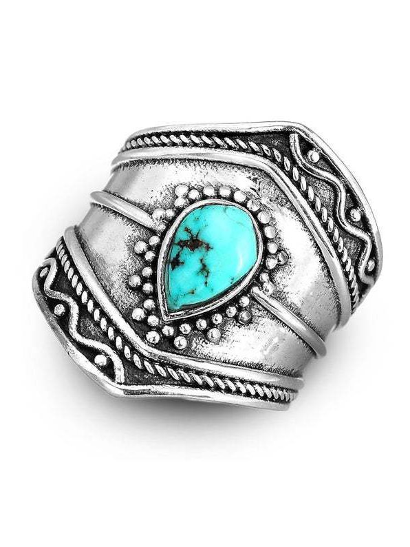 Ethnic Silver Distressed Natural Turquoise Ring Everyday Vintage Jewelry