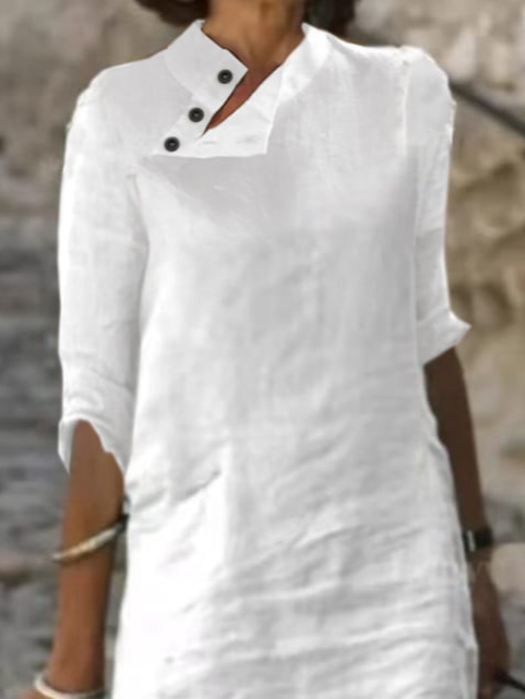 Women Plain Casual Half Open Collar Button Half Sleeve Linen Dress