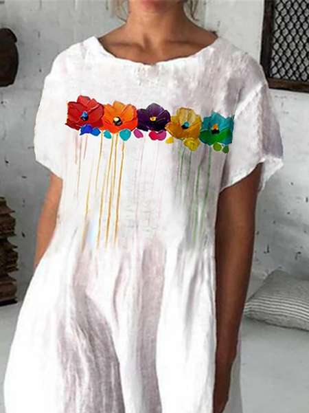 Women Casual Floral Summer Crew Neck Midi Dress