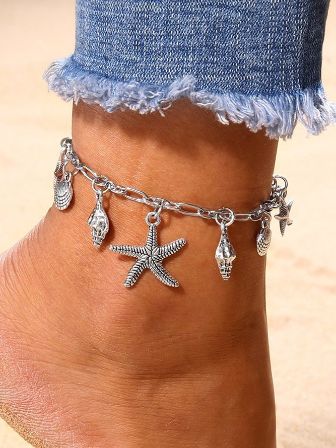 Bohemian Style Silver Seashell Starfish Pattern Anklet Holiday Dress Women's Jewelry