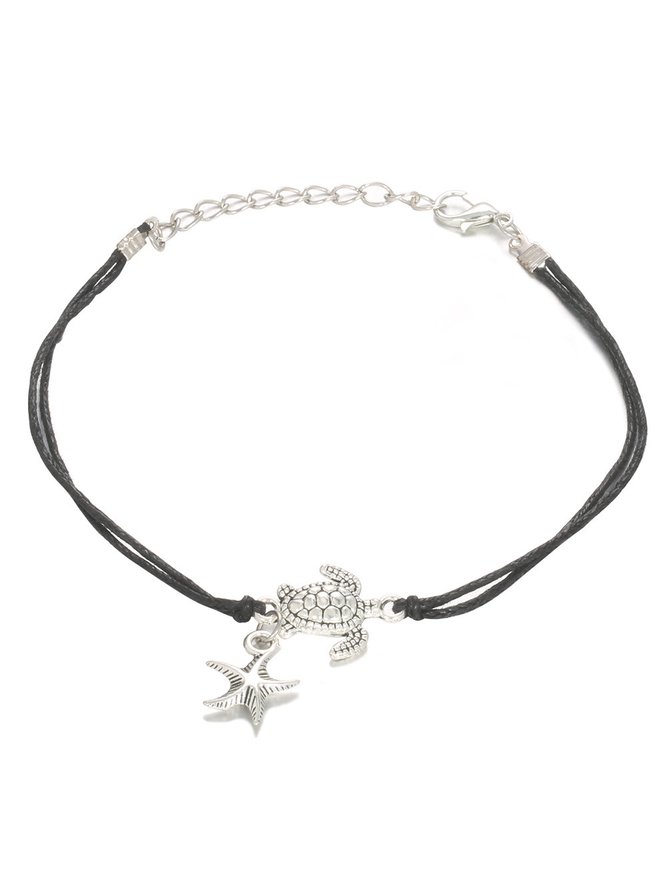 Boho Turtle Starfish Pattern Leather Rope Anklet Beach Vacation Dress Jewelry