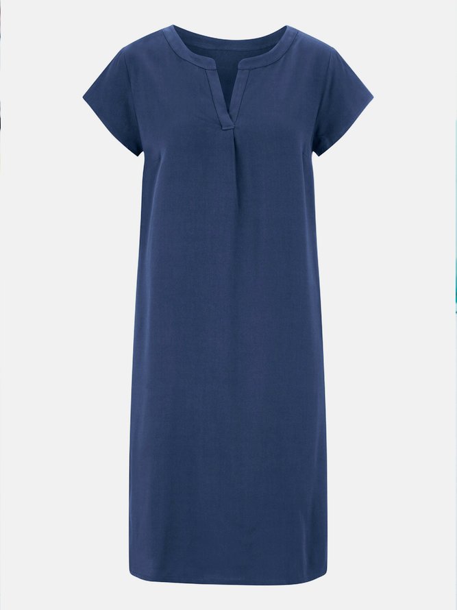 Women Summer Casual V Neck Loose Short sleeve Linen Blue Dress