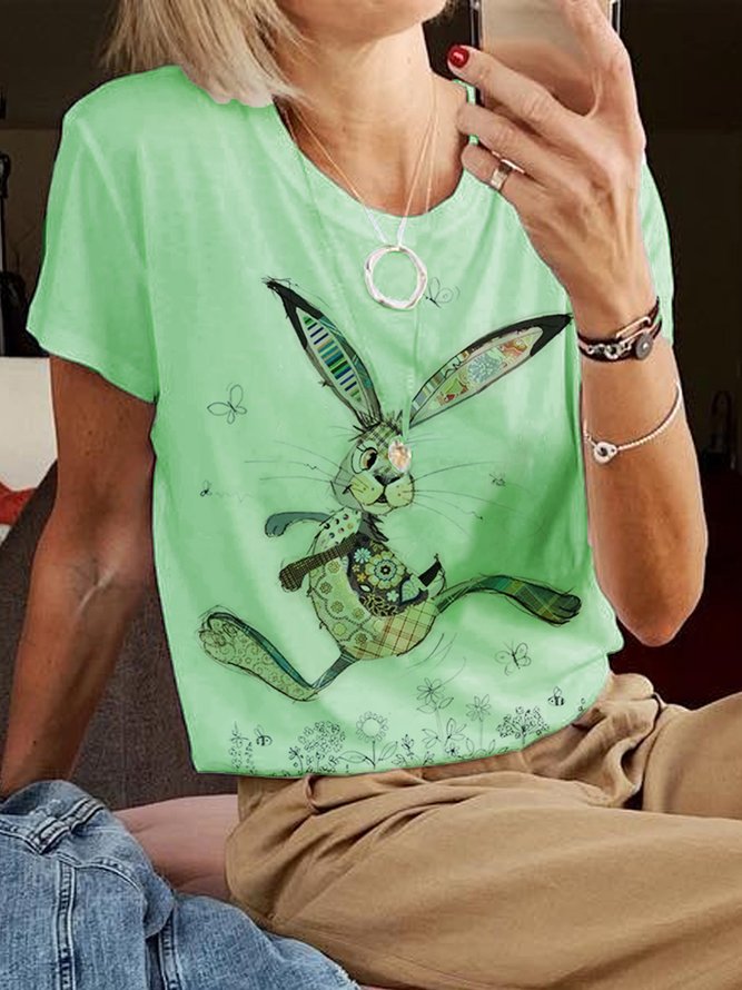 Women Rabbit Print Loose Casual Summer Short Sleeve T-Shirt