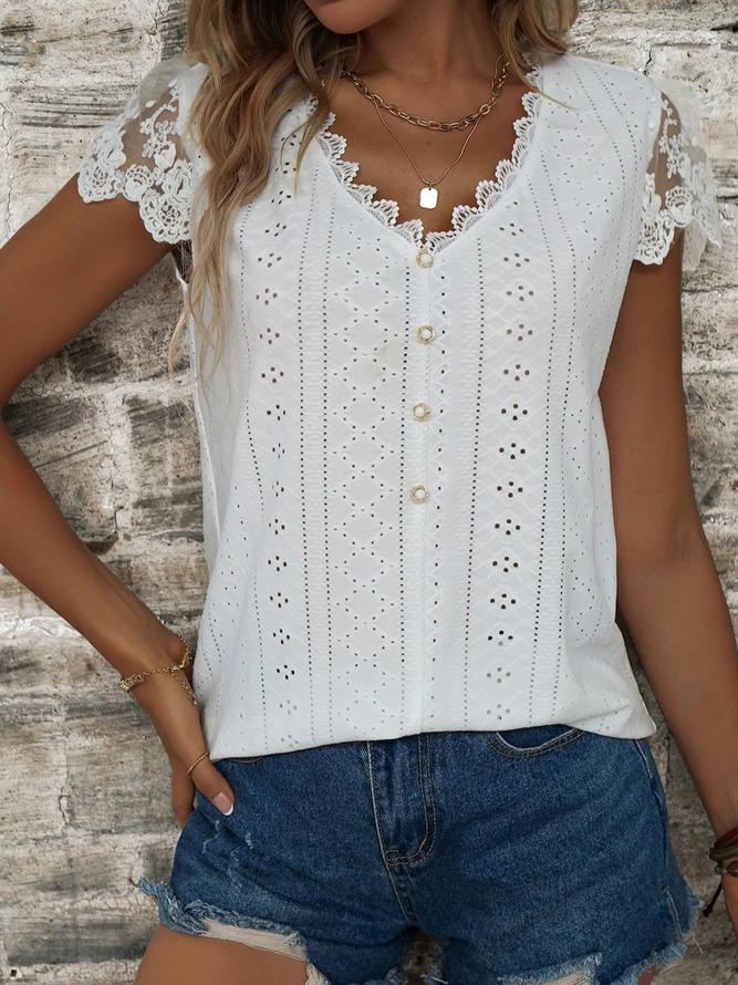 Women Casual Plain Loose V Neck Lace Button Short Sleeve Summer T-Shirt