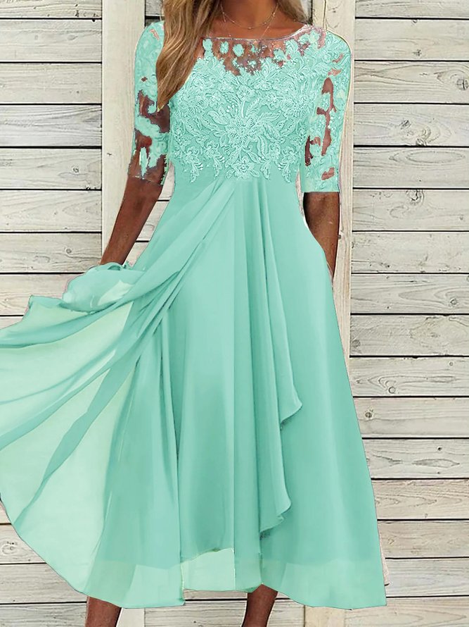 Women Plain Elegant Swing Lace Crew Neck Half Sleeve Holiday Vacation Dress