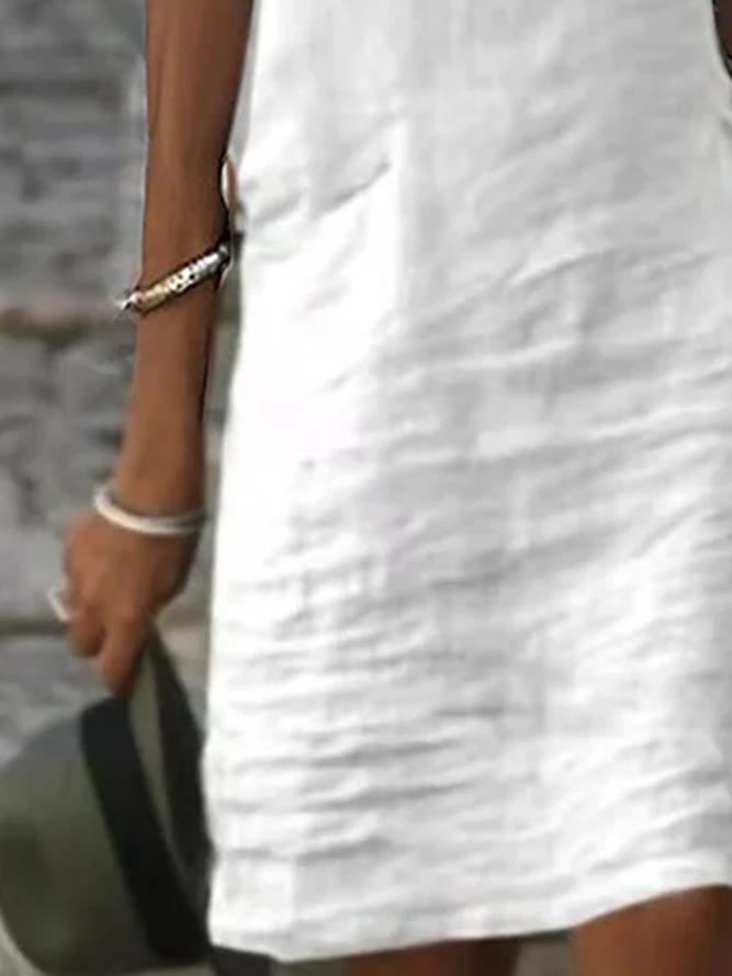 Casual Turtleneck Neck Hollow Out Lace Short Sleeve White Cotton Linen Dress