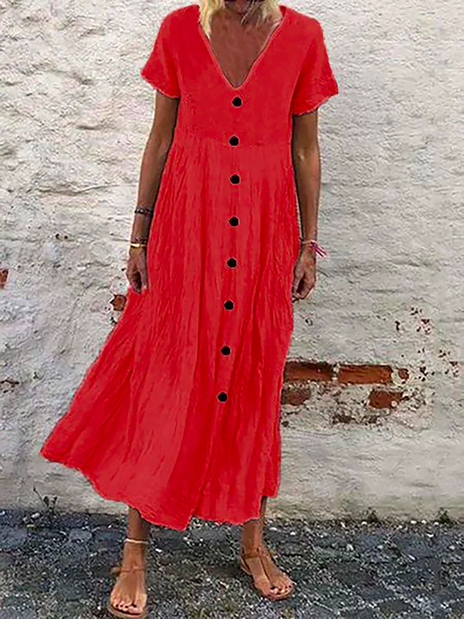 Women Casual Plain V Neck Button Short Sleeve Loose Summer Maxi Dress