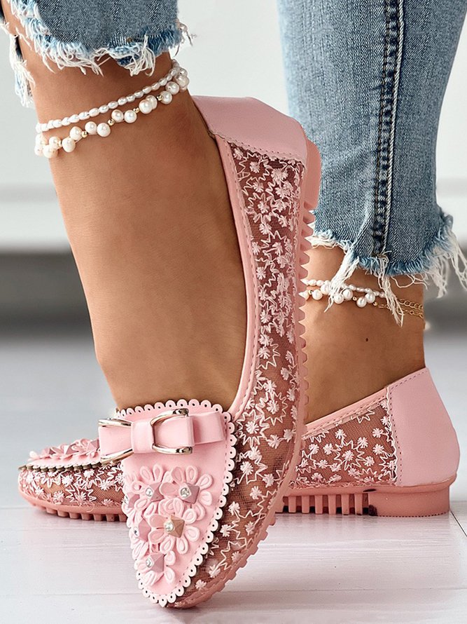 Elegant Applique Bowknot Decor Lace Split Joint Flat Shoes