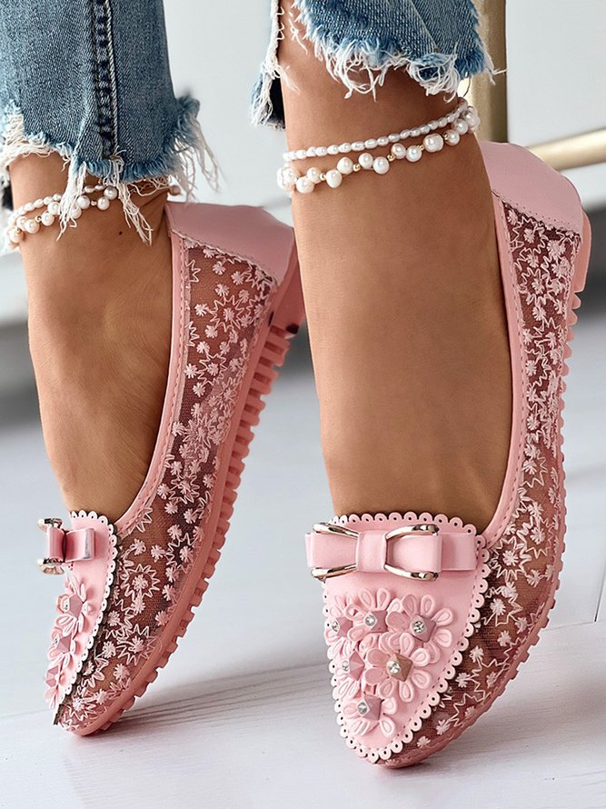 Elegant Applique Bowknot Decor Lace Split Joint Flat Shoes