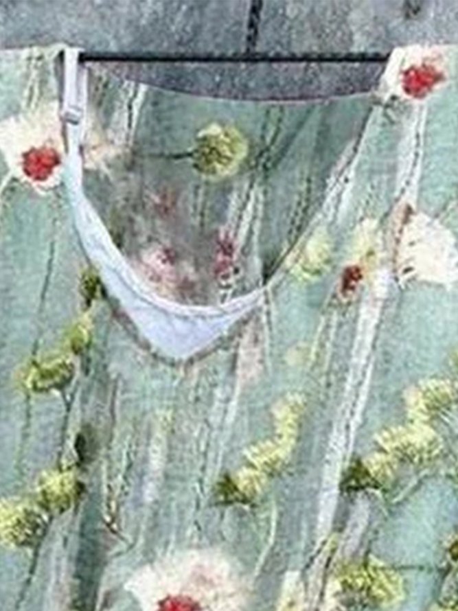 Women Floral Loose V Neck Three Quarter Sleeve Linen Tunic Top