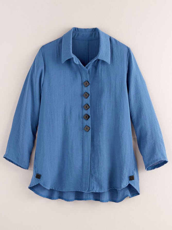 Spring Fall Shirt Collar Casual Button Blue Long Sleeve Blouse