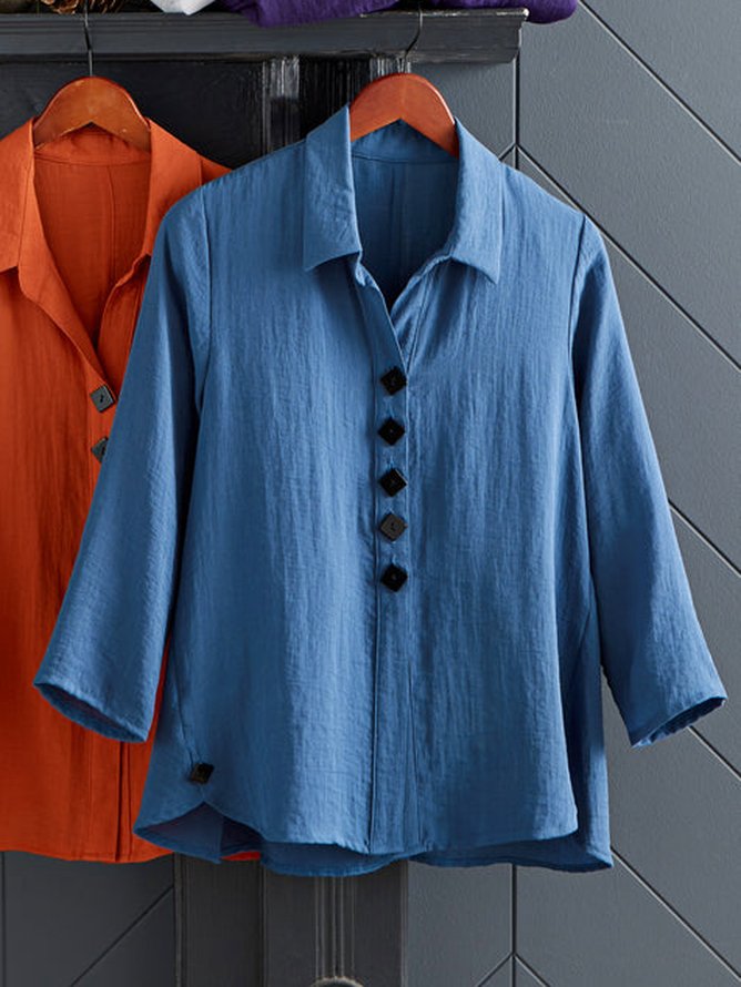 Spring Fall Shirt Collar Casual Button Blue Long Sleeve Blouse