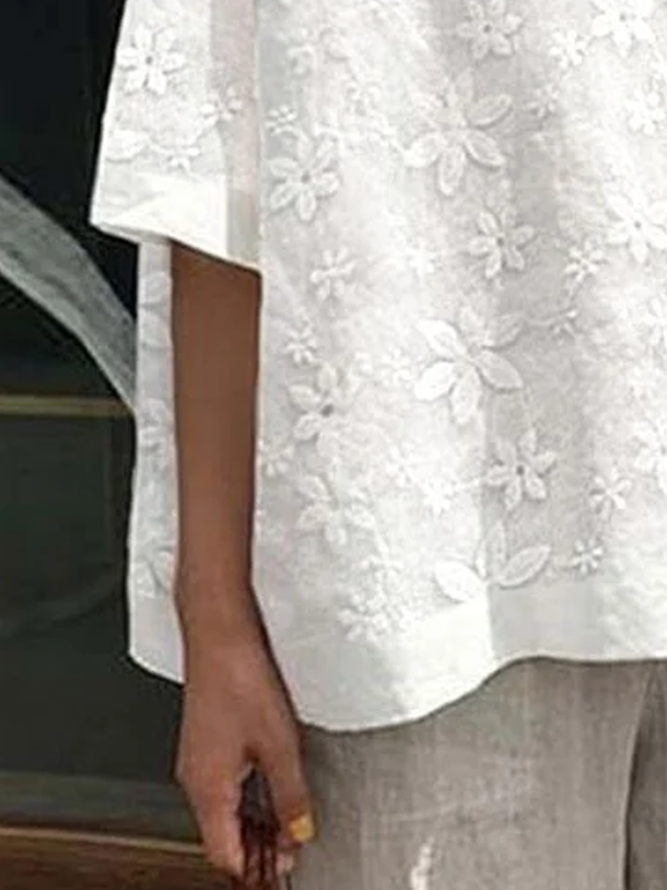 Women Elegant White Lace Floral Crew Neck Half Sleeve Cotton Linen Tunic Top