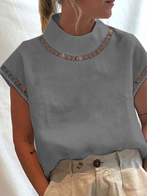 Women Hollow Out Lace Turtleneck Plain Short Sleeve Cotton And Linen Top