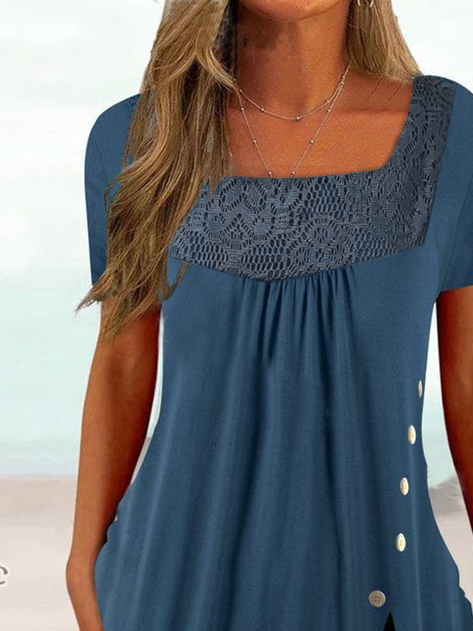 Lace Square Neck Casual Loose Shirt