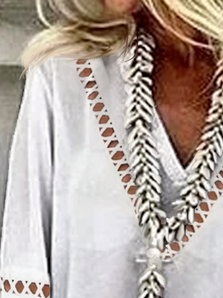 Women Plain Hollow Out Lace V Neck Cotton And Linen Half sleeve Blouse