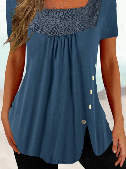 Lace Square Neck Casual Loose Shirt
