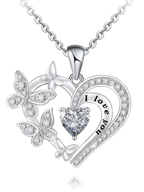 I Love You Silver Butterfly Heart Pendant Necklace Valentine's Day Mother's Day Thanksgiving Gift Jewelry