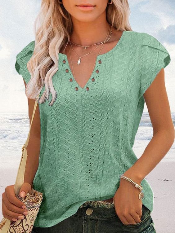 V Neck Vacation Plain Shirt