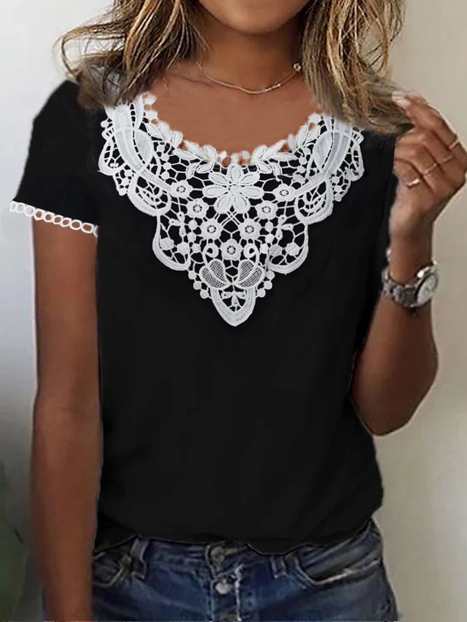 Casual Plain Summer Loose Lace Short sleeve Summer T-shirt