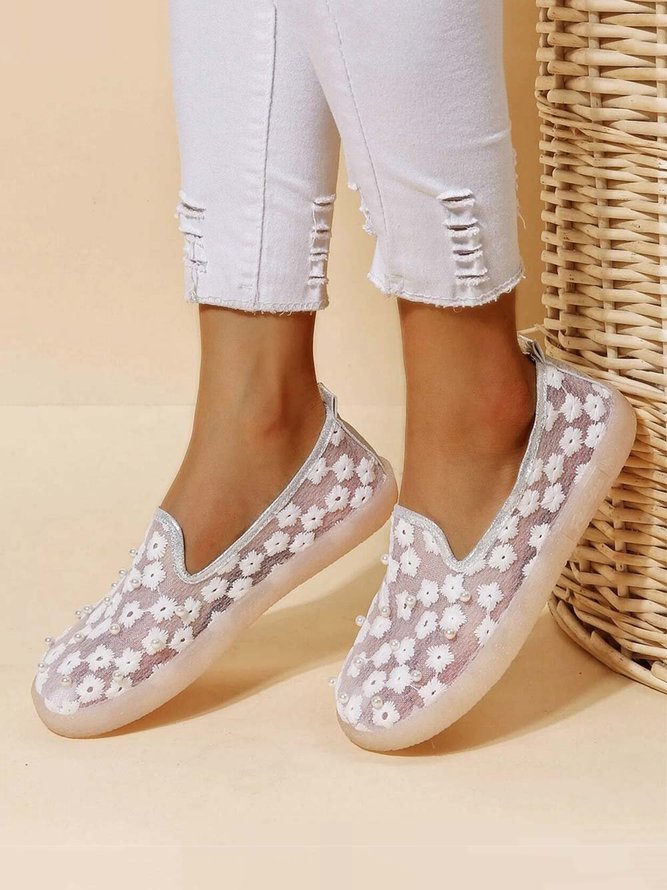 Elegant Embroidery Lace Pearl Decor Breathable Flats Shoes