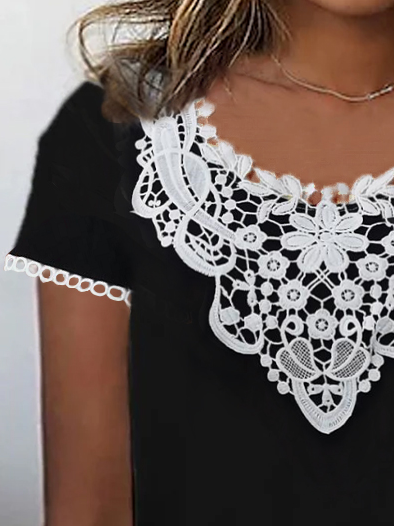 Casual Plain Summer Loose Lace Short sleeve Summer T-shirt