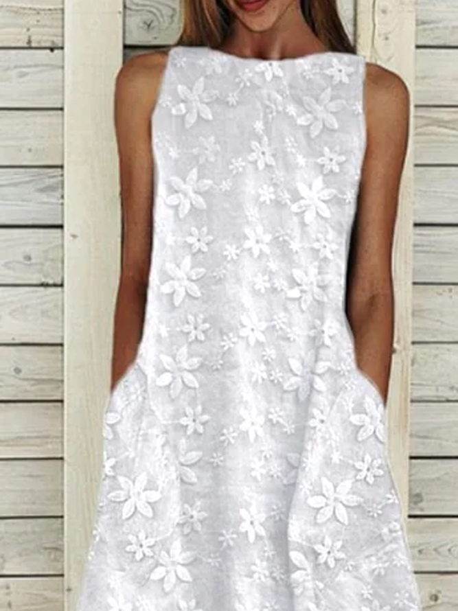 Summer Sleeveless Pockets Floral Lace Crew Neck Maxi Elegant Cotton And Linen WhiteDress
