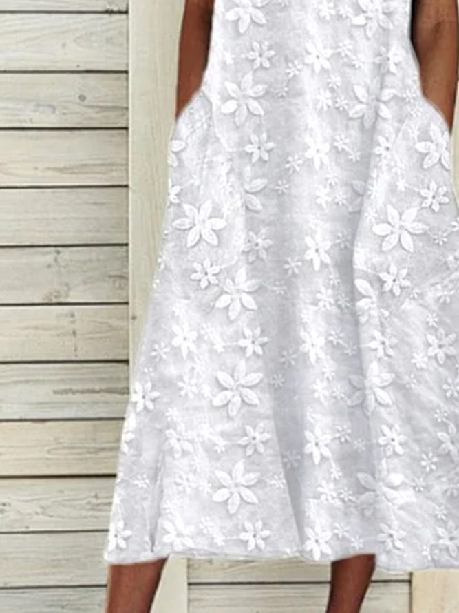 Plain Summer Sleeveless Pockets Floral Lace Crew Neck Maxi Elegant Cotton And Linen Dress