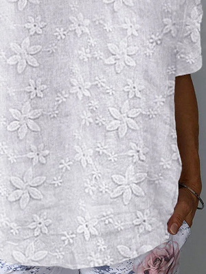 Women Summer Floral Lace White Linen Short Sleeve T-shirt
