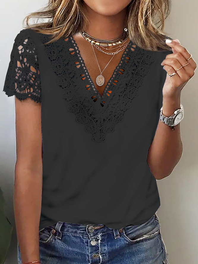 Casual Loose Lace Hollow Out V Neck Plain Summer Short Sleeve T-Shirt