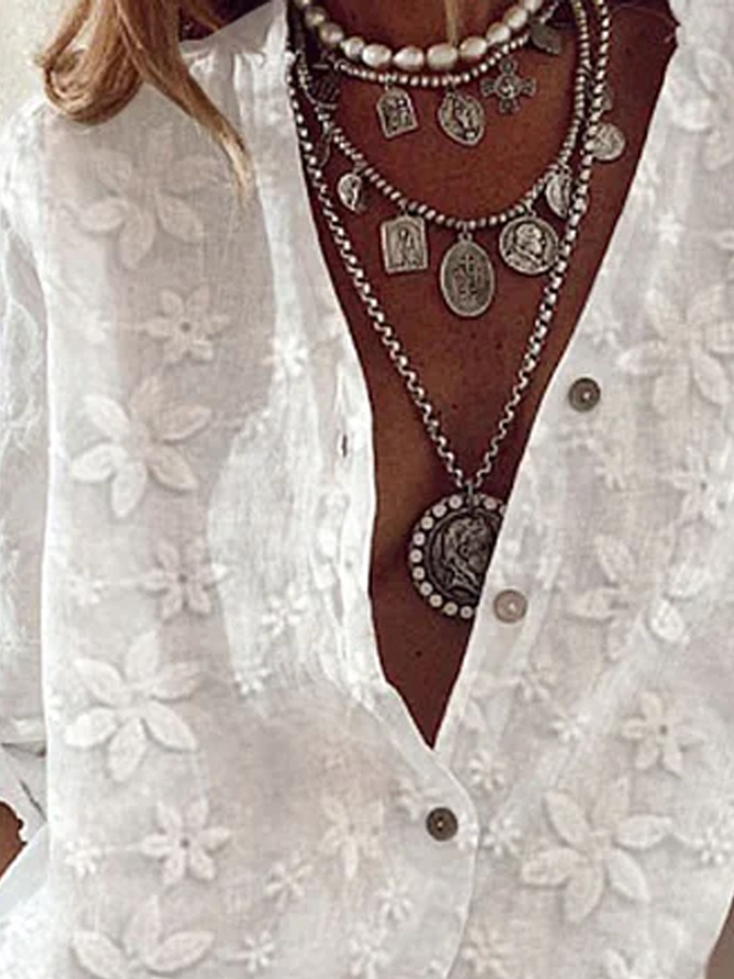 Women Elegant Floral Lace Plain Buttoned Down Cotton Linen Long Sleeve Blouse
