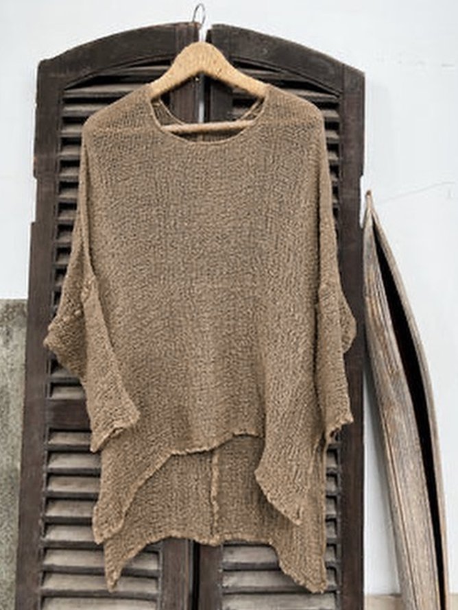 Women Khaki Summer Half sleeve Crew Neck Cotton And Linen Loose Tunic Top