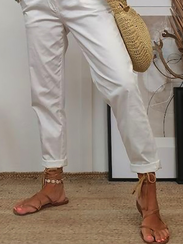 Plain Pockets Buckle Casual Pants