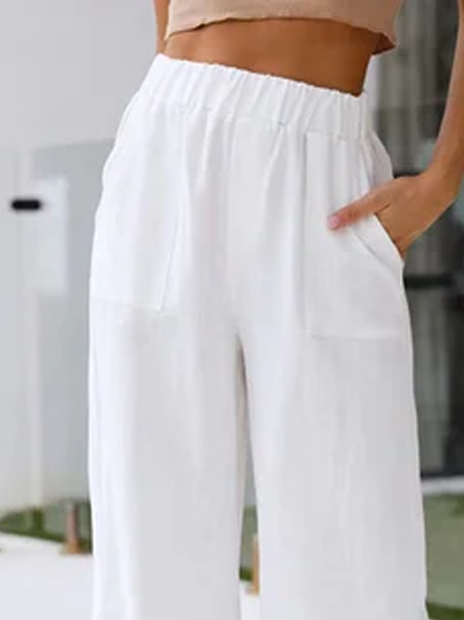 Women Casual Loose Pockets Elastic Waist White Linen Pants