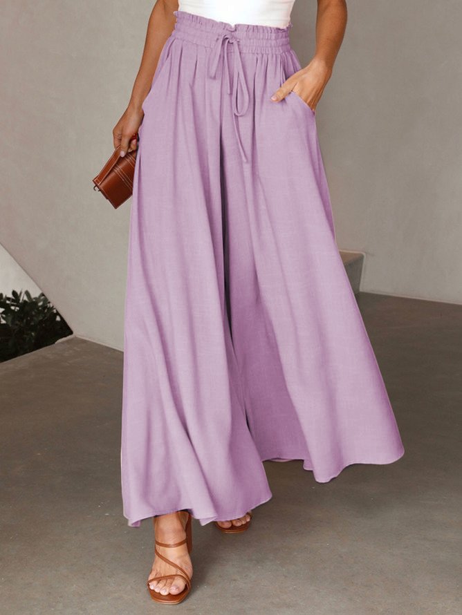 Women Wide Leg Pants Summer Boho Elastic Waist Drawstring Pockets Flowy Beach Trousers